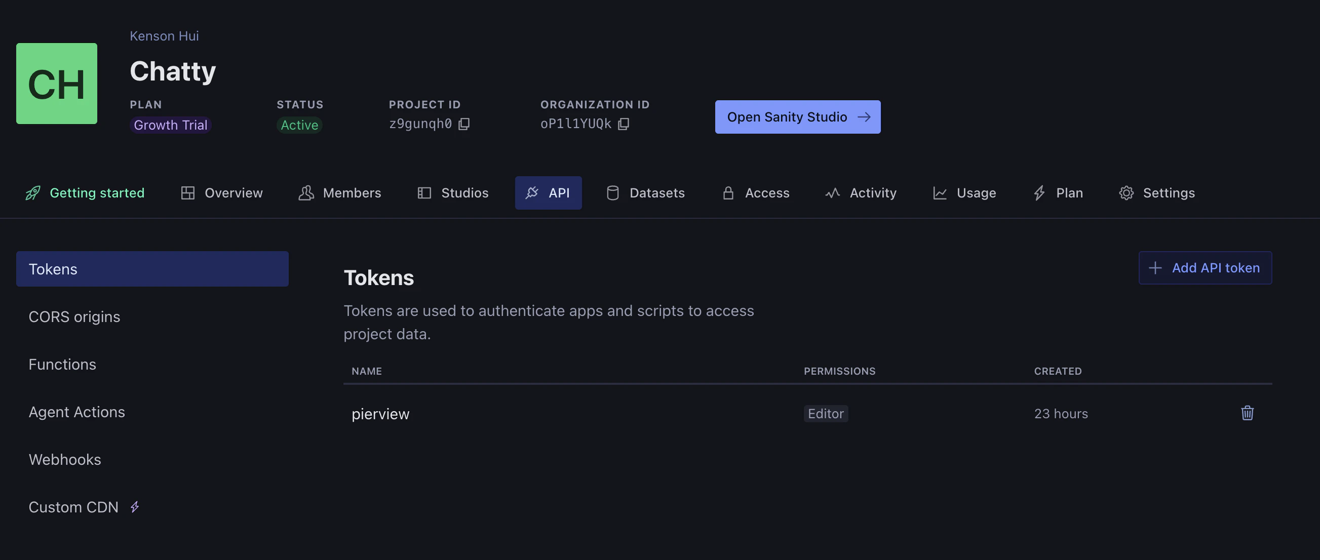 API Tokens page with Add API token button