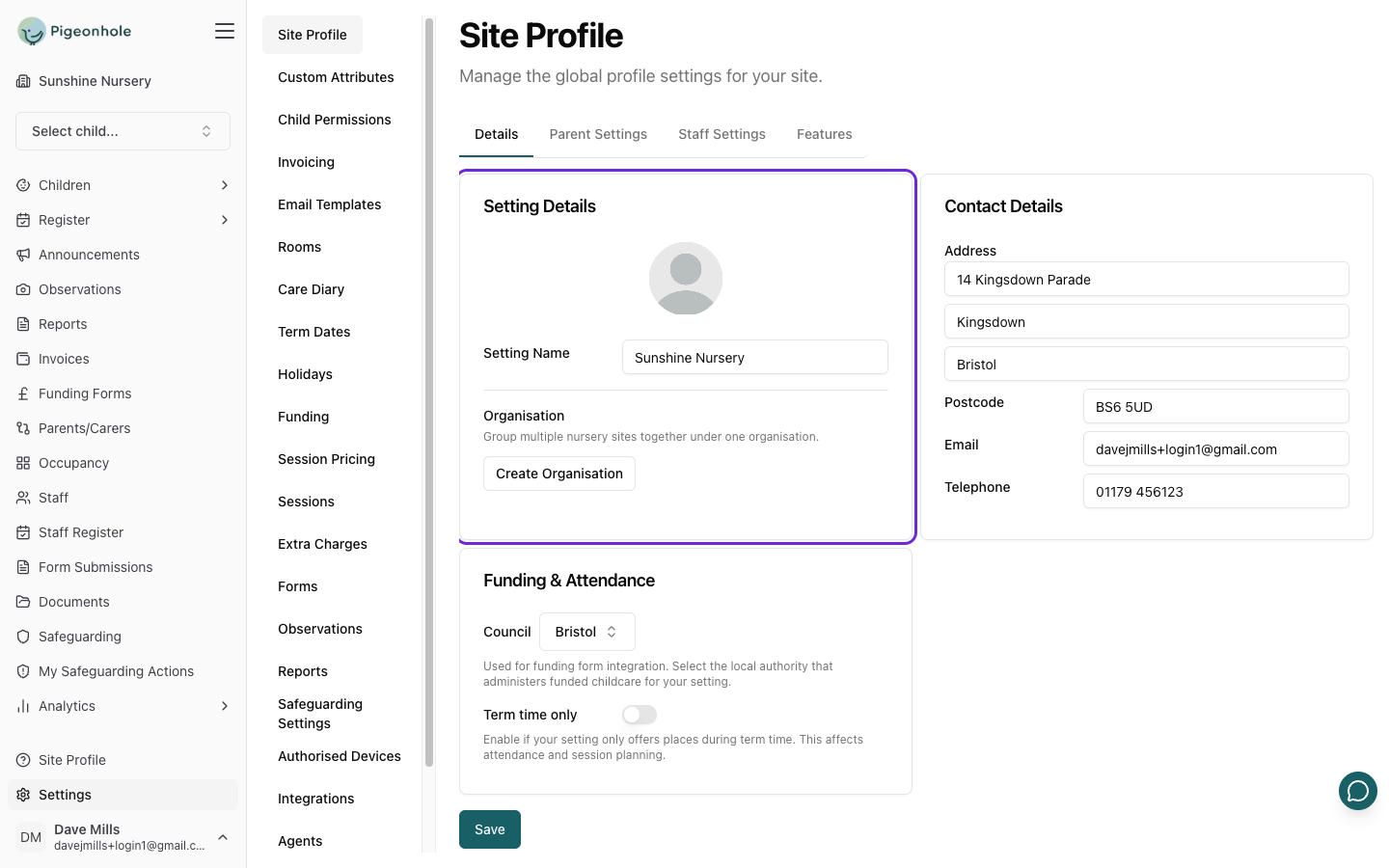 The Setting Details card on the Site Profile page showing the logo image uploader at the top and the Setting Name field