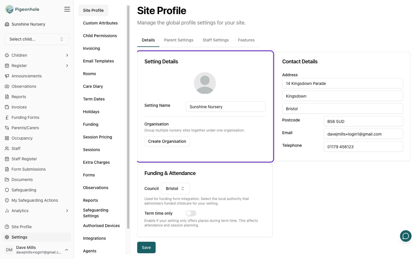 The Setting Details card on the Site Profile page showing the logo image uploader at the top and the Setting Name field