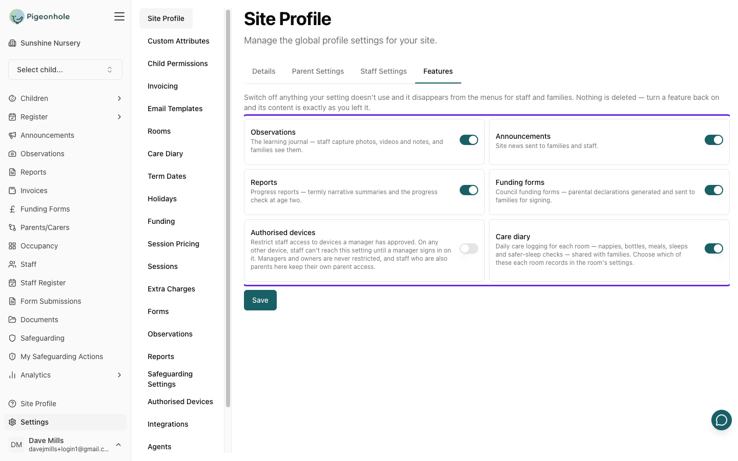 The Features tab showing switches for Observations, Announcements, Reports, Funding forms, Authorised devices and Care diary