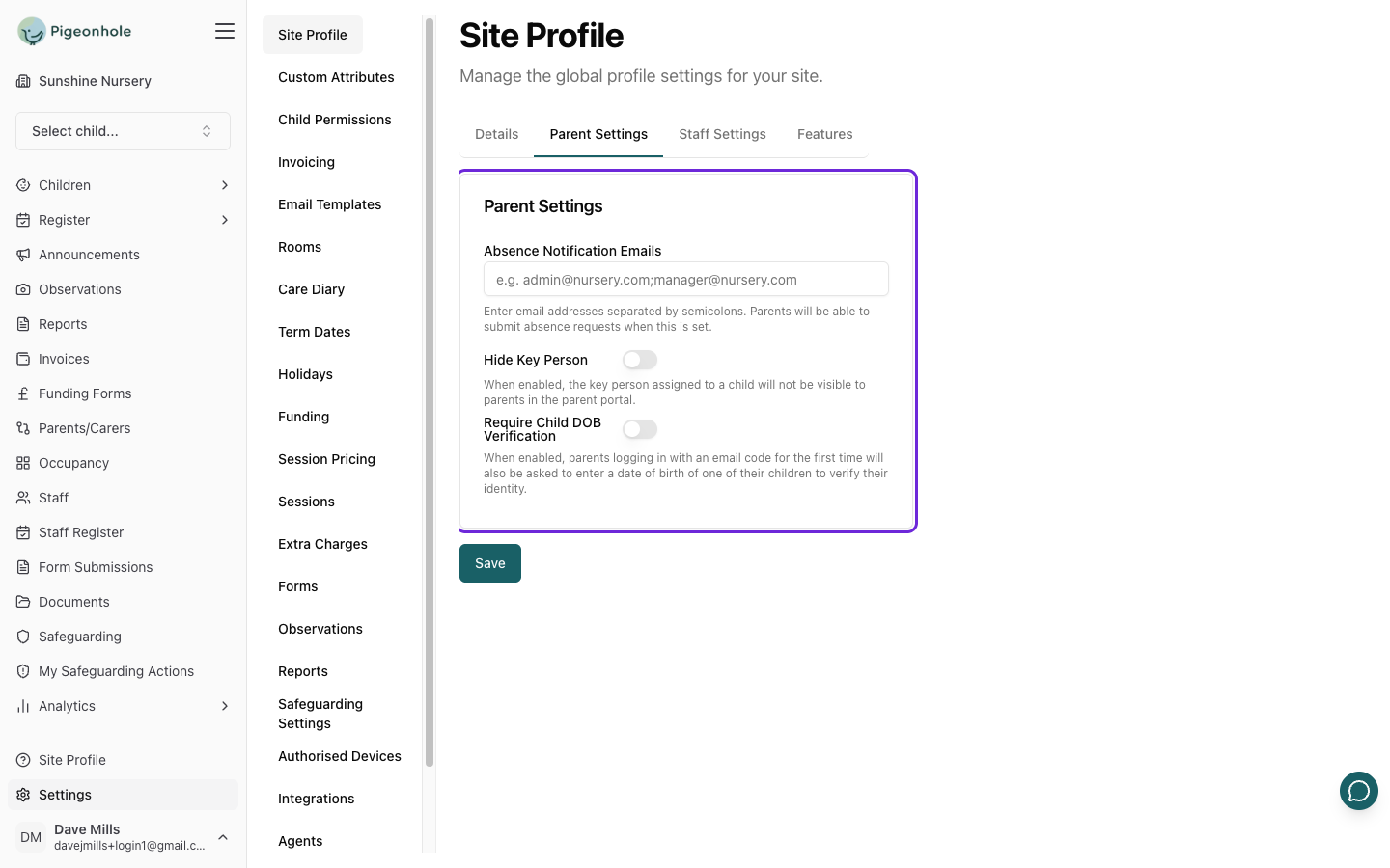 The Parent Settings tab showing the absence notification emails field, Hide Key Person and Require Child DOB Verification switches