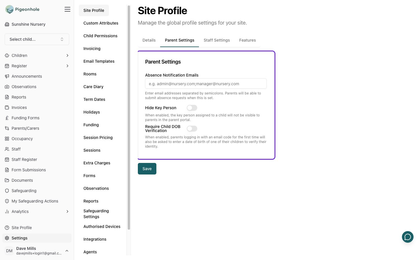 The Parent Settings tab showing the absence notification emails field, Hide Key Person and Require Child DOB Verification switches