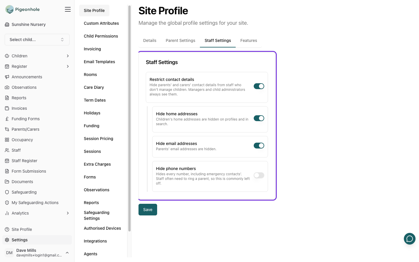 The Staff Settings tab with Restrict contact details switched on, addresses and emails hidden, and phone numbers left visible