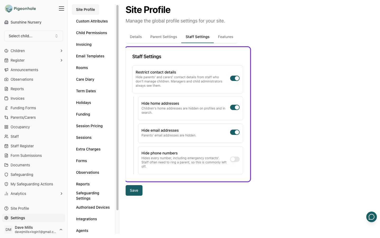 The Staff Settings tab with Restrict contact details switched on, addresses and emails hidden, and phone numbers left visible