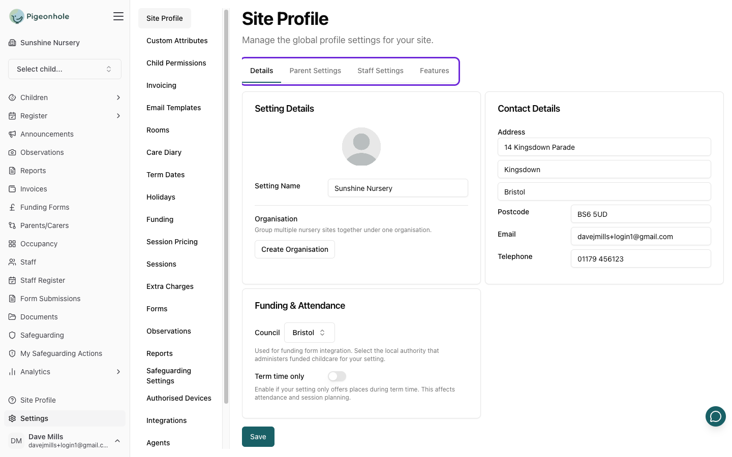 The Site Profile page showing the Details, Parent Settings, Staff Settings and Features tabs