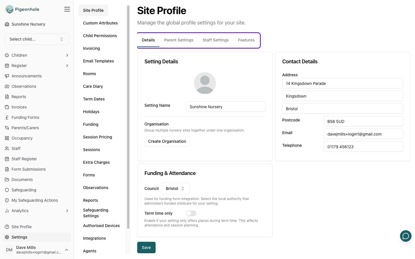 The Site Profile page showing the Details, Parent Settings, Staff Settings and Features tabs
