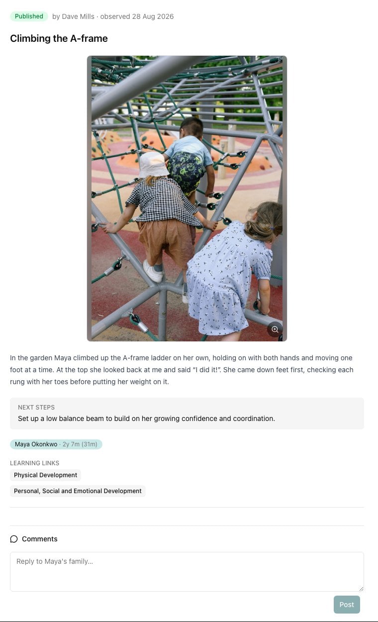 A published observation titled Climbing the A-frame, showing the photo, the write-up, a Next steps box, Maya Okonkwo's tag with her age, two learning links and the Comments box