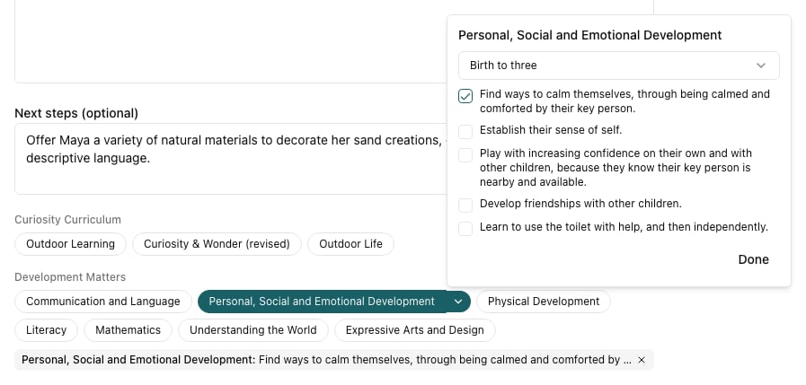 The Personal, Social and Emotional Development chip selected under Development Matters, with its statement picker open showing the Birth to three band and one statement ticked