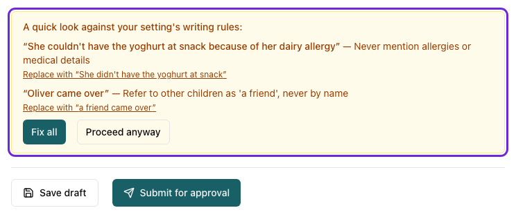 The writing reminder box flagging a mention of a dairy allergy and another child named Oliver, each with a Replace with link, plus Fix all and Proceed anyway buttons above Save draft and Submit for approval