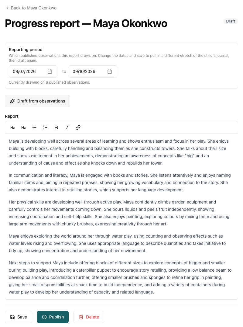 A progress report for Maya Okonkwo with an AI-drafted report covering building, books and stories, physical play, water play and next steps, above the Save, Publish and Delete buttons