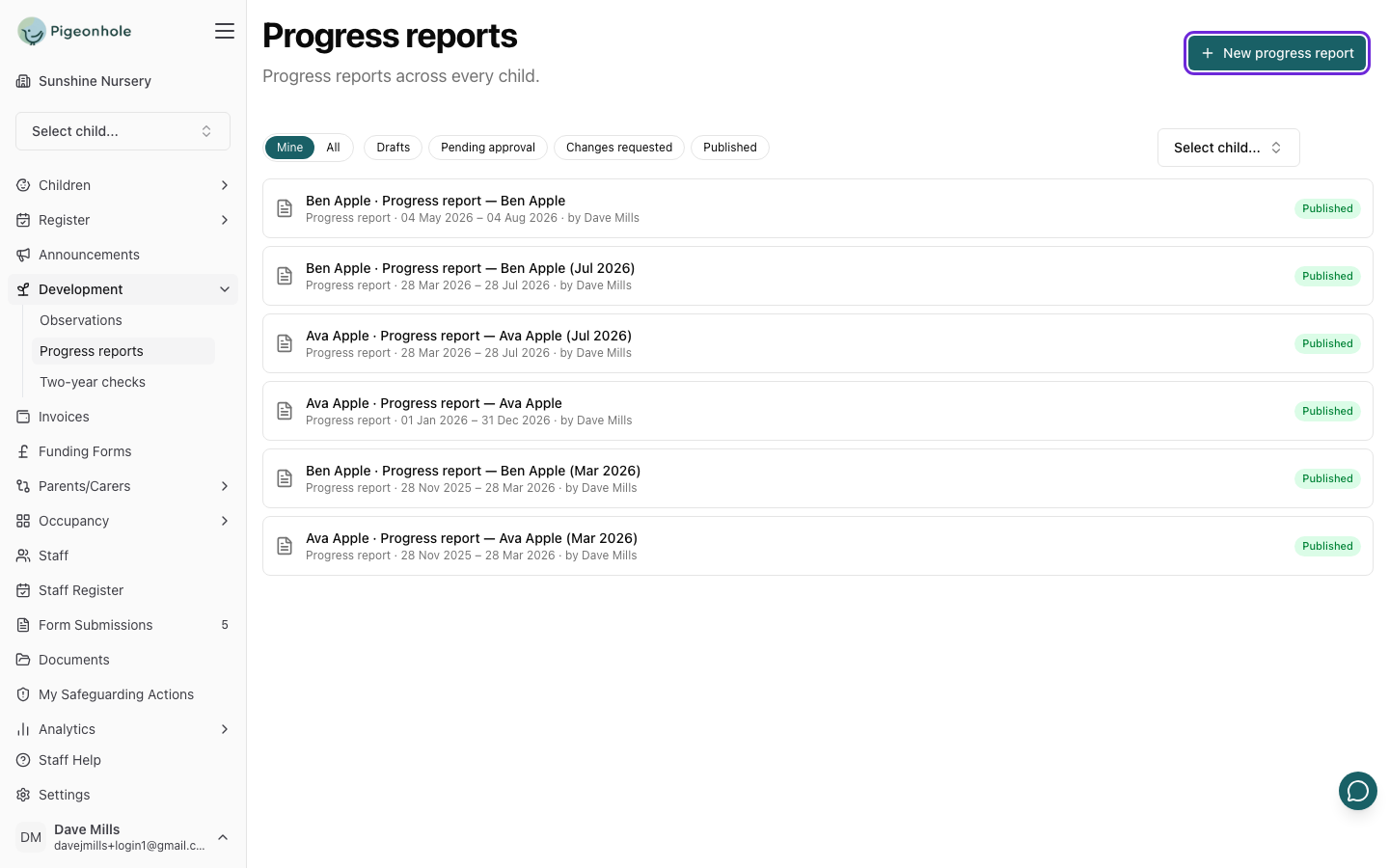 The Progress reports page listing published reports for several children, each with its reporting period and author, with the New progress report button highlighted