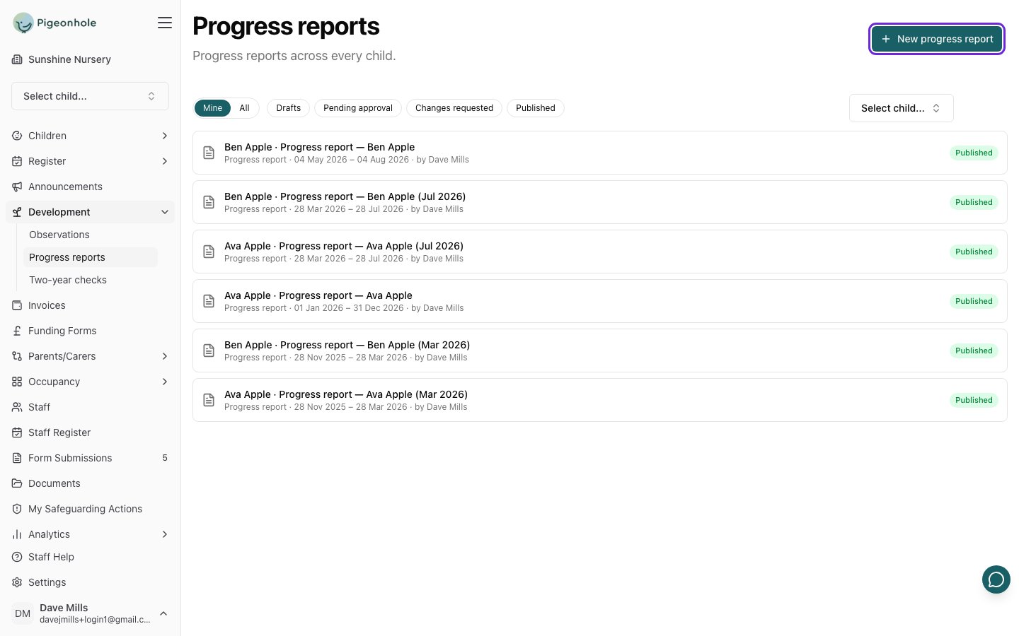 The Progress reports page listing published reports for several children, each with its reporting period and author, with the New progress report button highlighted