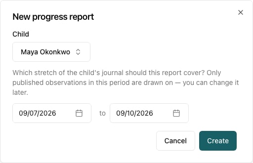 The New progress report dialog with Maya Okonkwo chosen and a reporting period from 09/07/2026 to 09/10/2026