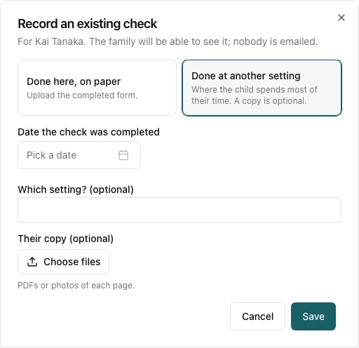 The Record an existing check dialog with the Done here, on paper and Done at another setting options, a date picker, the Which setting box and a Choose files button