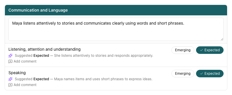 The Communication and Language card with Expected chosen for both aspects