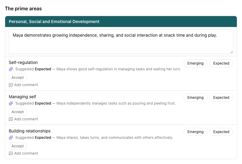 The Personal, Social and Emotional Development card with an AI-drafted area comment and, for each aspect, a suggested level of Expected with its reason, an Accept button, Add comment and the Emerging and Expected level chips