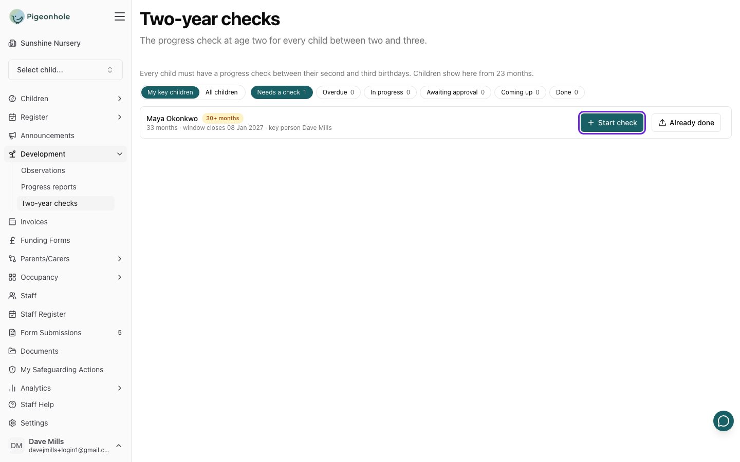 The Two-year checks page on My key children and Needs a check, showing Maya Okonkwo at 30+ months with her window closing date and key person, and the Start check button highlighted