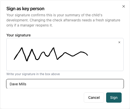 The Sign as key person dialog with a drawn signature, the name Dave Mills typed in, and Cancel and Sign buttons
