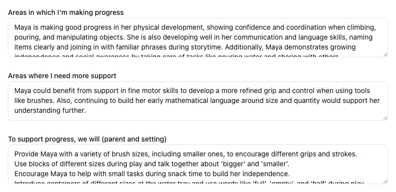 The Areas in which I'm making progress, Areas where I need more support and To support progress, we will boxes filled in with an AI draft about Maya
