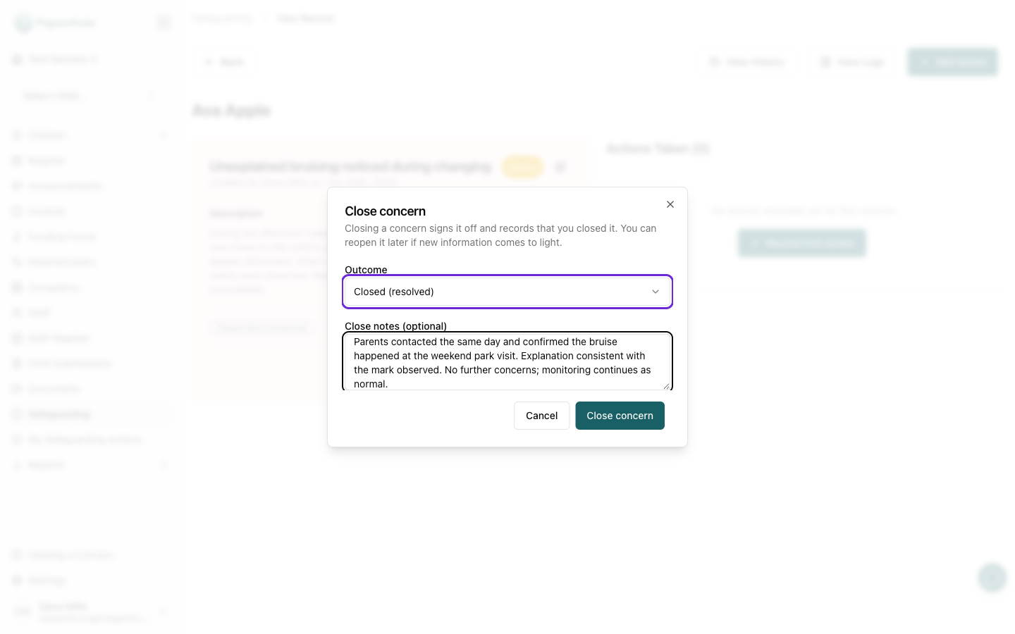 The Close concern dialog showing the Outcome dropdown and Close notes field