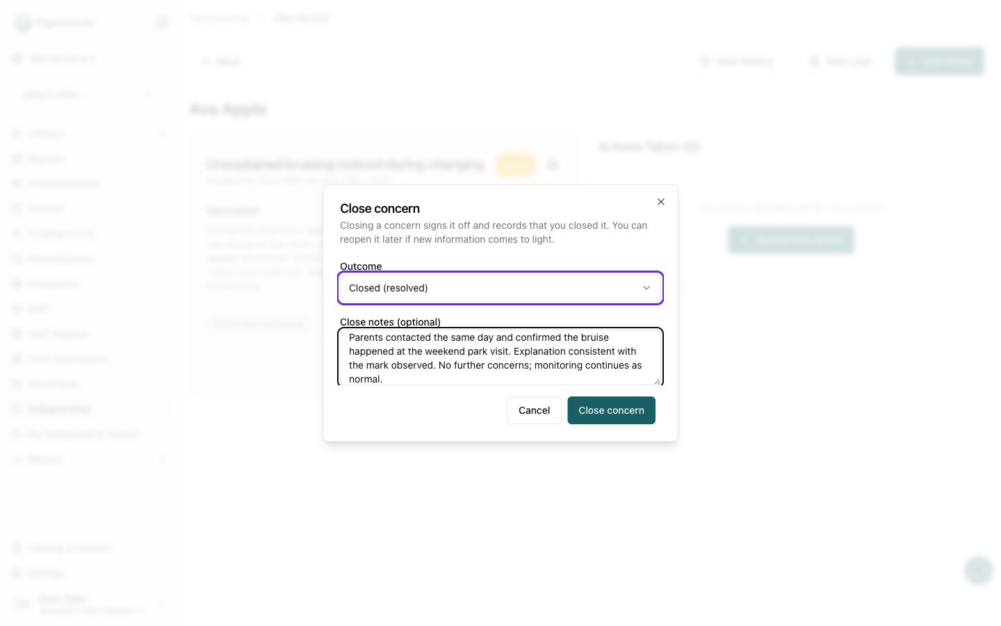 The Close concern dialog showing the Outcome dropdown and Close notes field