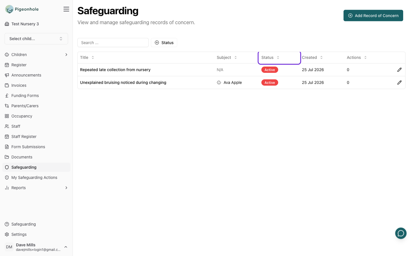 Safeguarding records list showing the Title, Subject, Status, Created and Actions columns