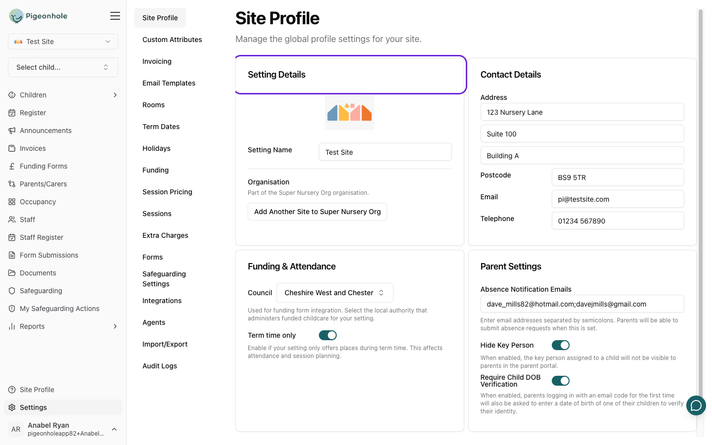 The Setting Details card on the Site Profile page showing the logo image uploader at the top and the Setting Name field