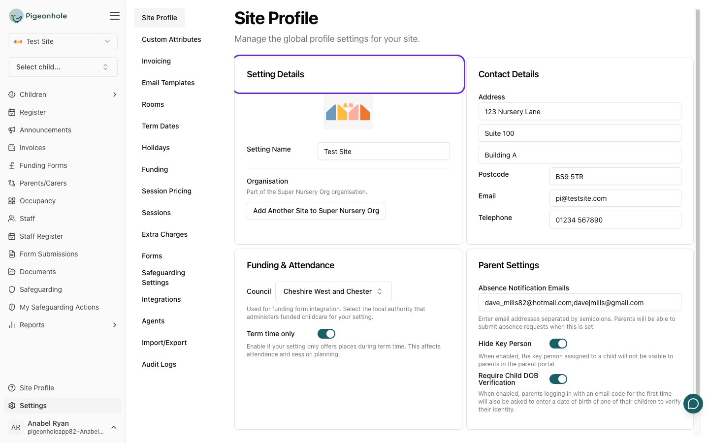 The Setting Details card on the Site Profile page showing the logo image uploader at the top and the Setting Name field