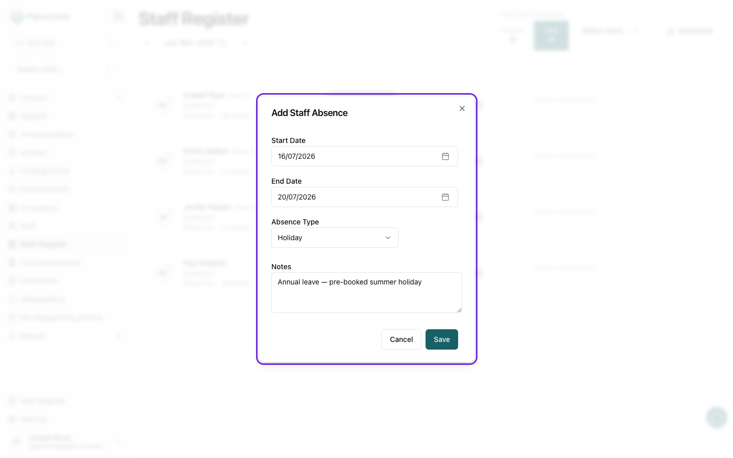 The Add Staff Absence dialog with Start Date, End Date, Absence Type and Notes fields