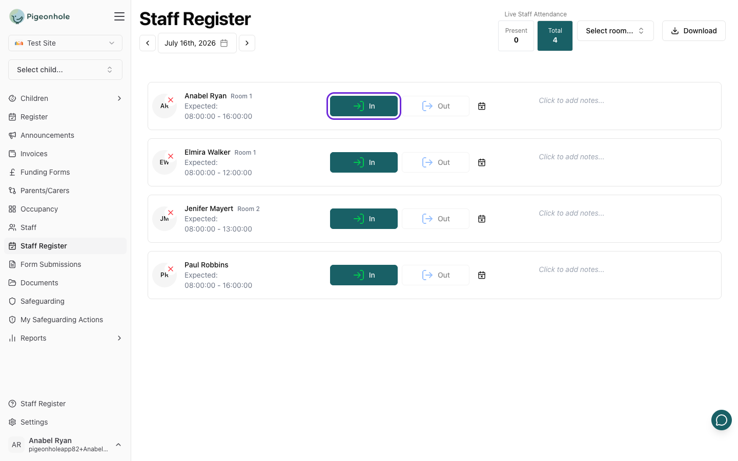 The Staff Register page showing staff rows with In/Out buttons, a room filter, and the date navigator