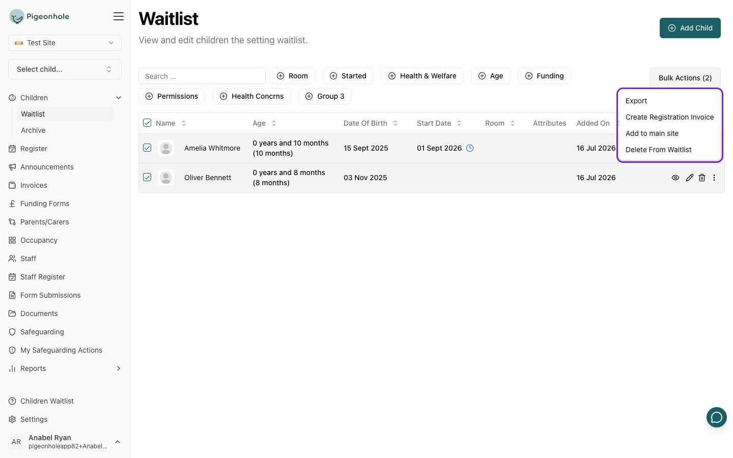 Waitlist bulk actions menu showing Add to main site and Delete From Waitlist options