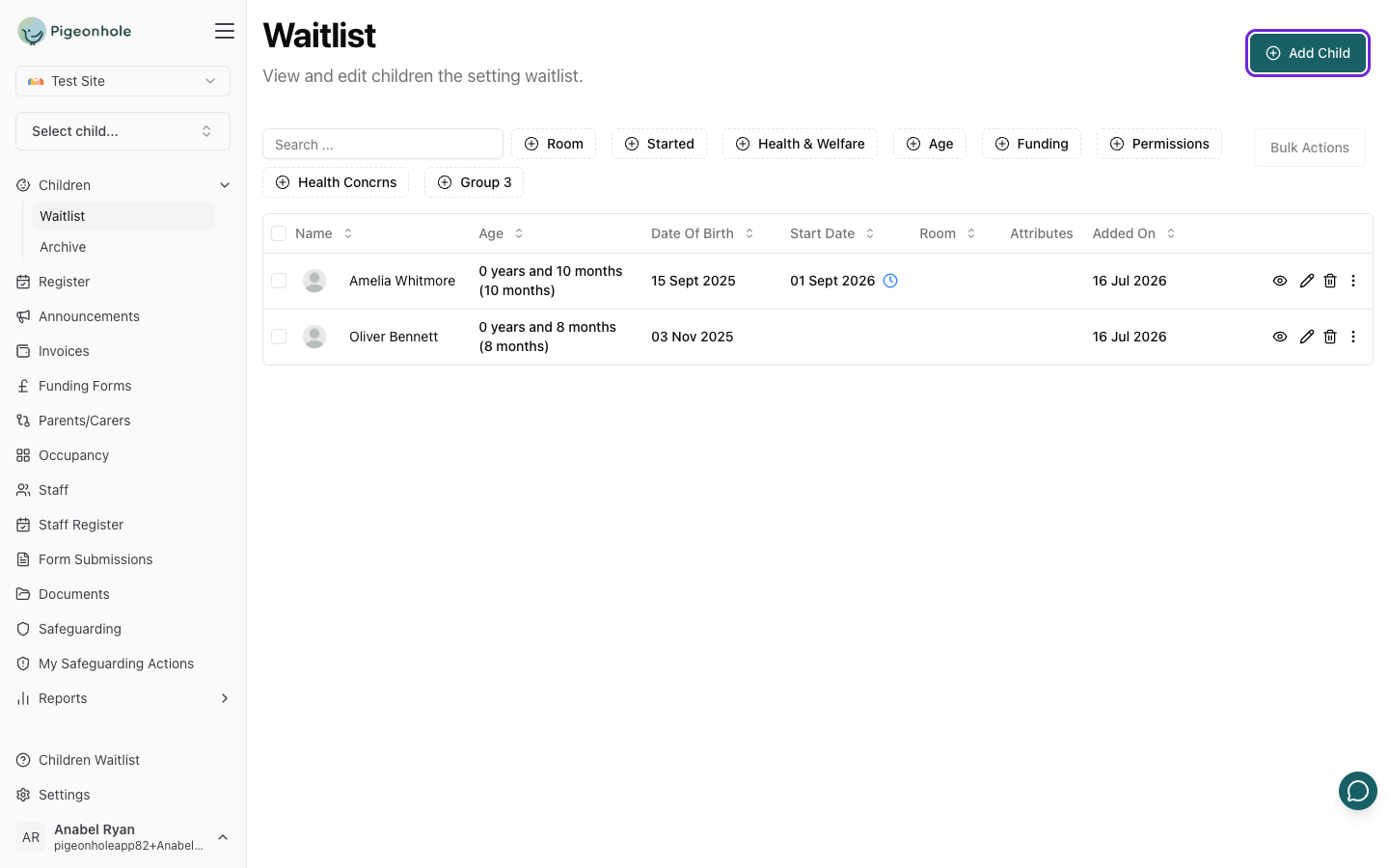 The Waitlist page showing a list of prospective children with the Added On column and the Add Child button