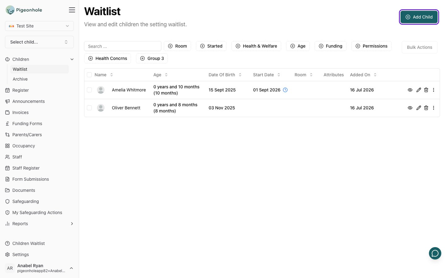 The Waitlist page showing a list of prospective children with the Added On column and the Add Child button