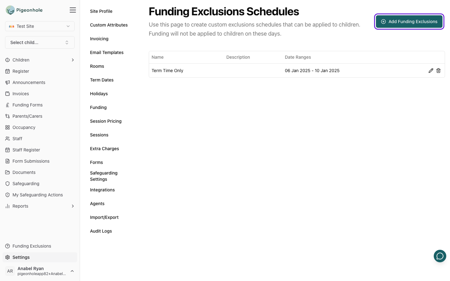 The Funding Exclusions Schedules page listing existing schedules with the Add Funding Exclusions button