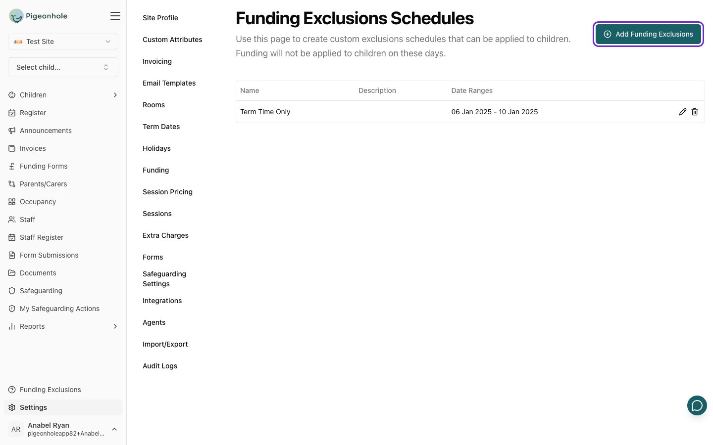 The Funding Exclusions Schedules page listing existing schedules with the Add Funding Exclusions button