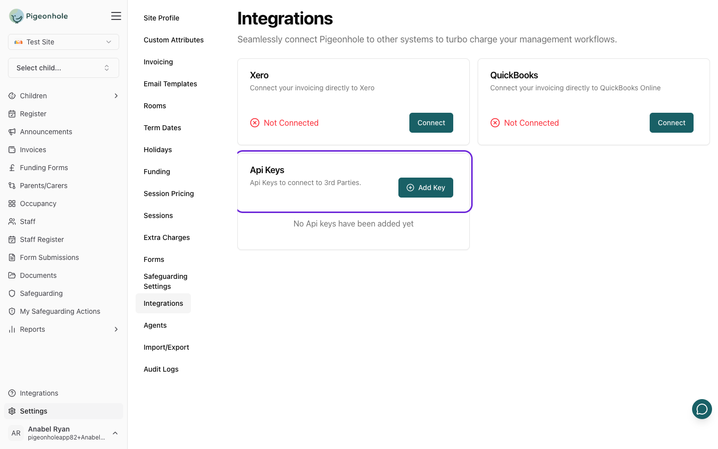 The Api Keys card on the Integrations page with the Add Key button