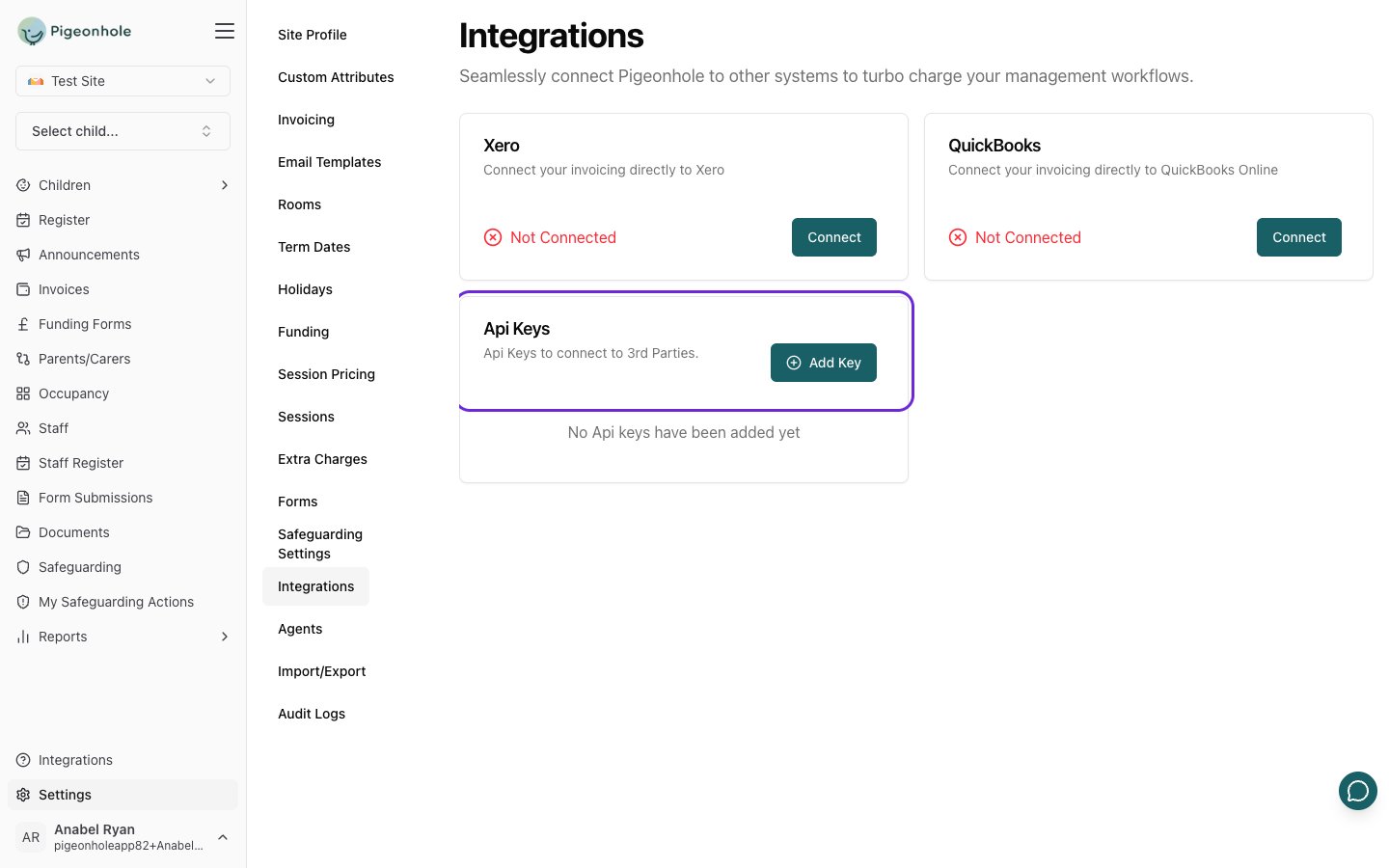 The Api Keys card on the Integrations page with the Add Key button