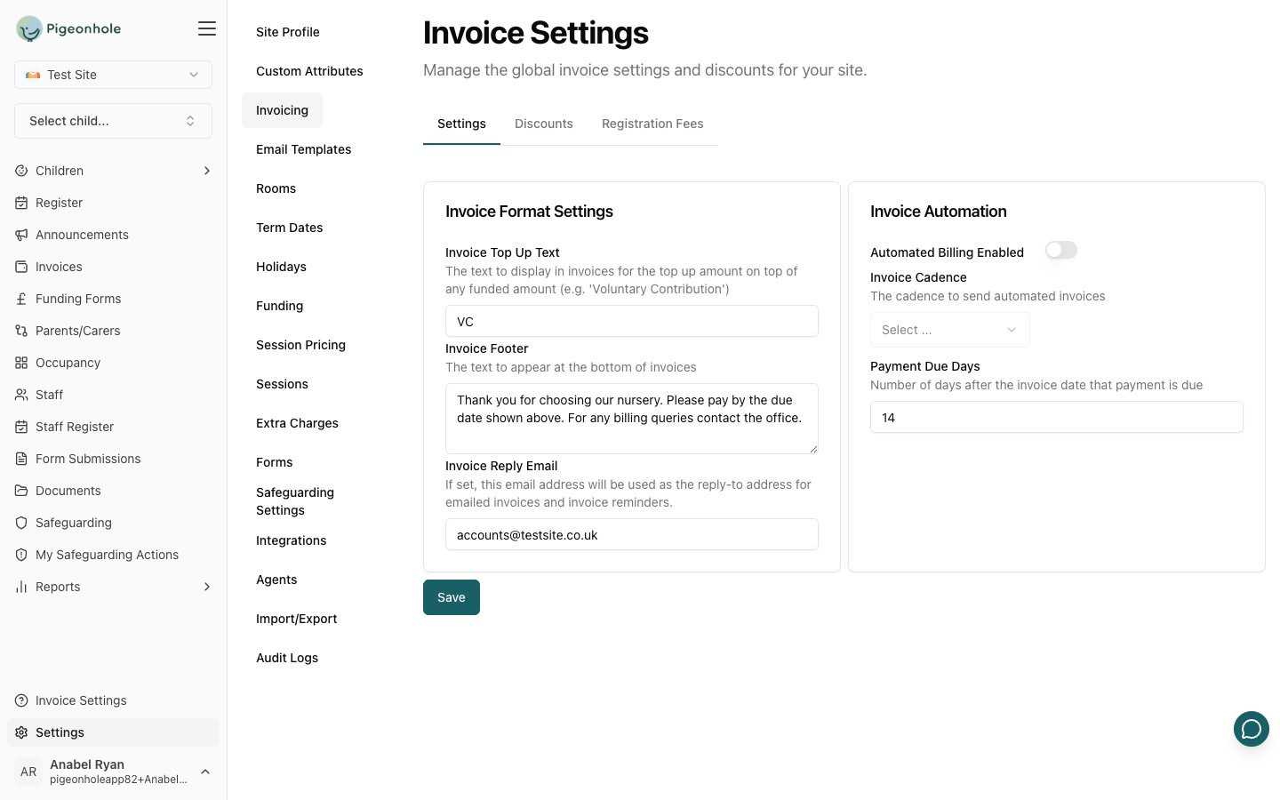 The Invoicing settings page showing the Invoice Format Settings and Invoice Automation cards