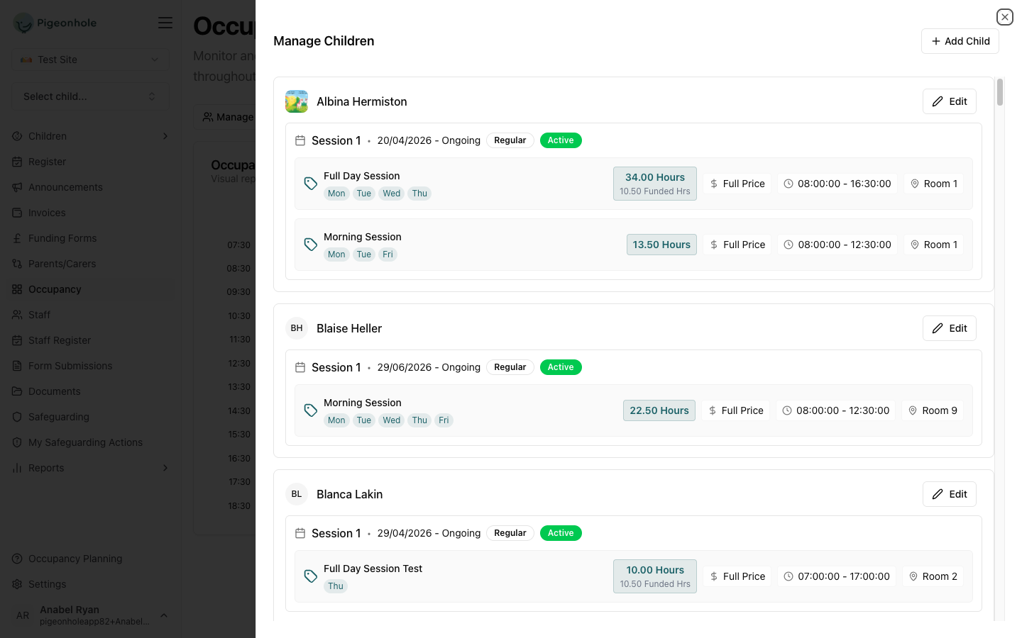 Manage Children sheet showing children's schedules for the selected week
