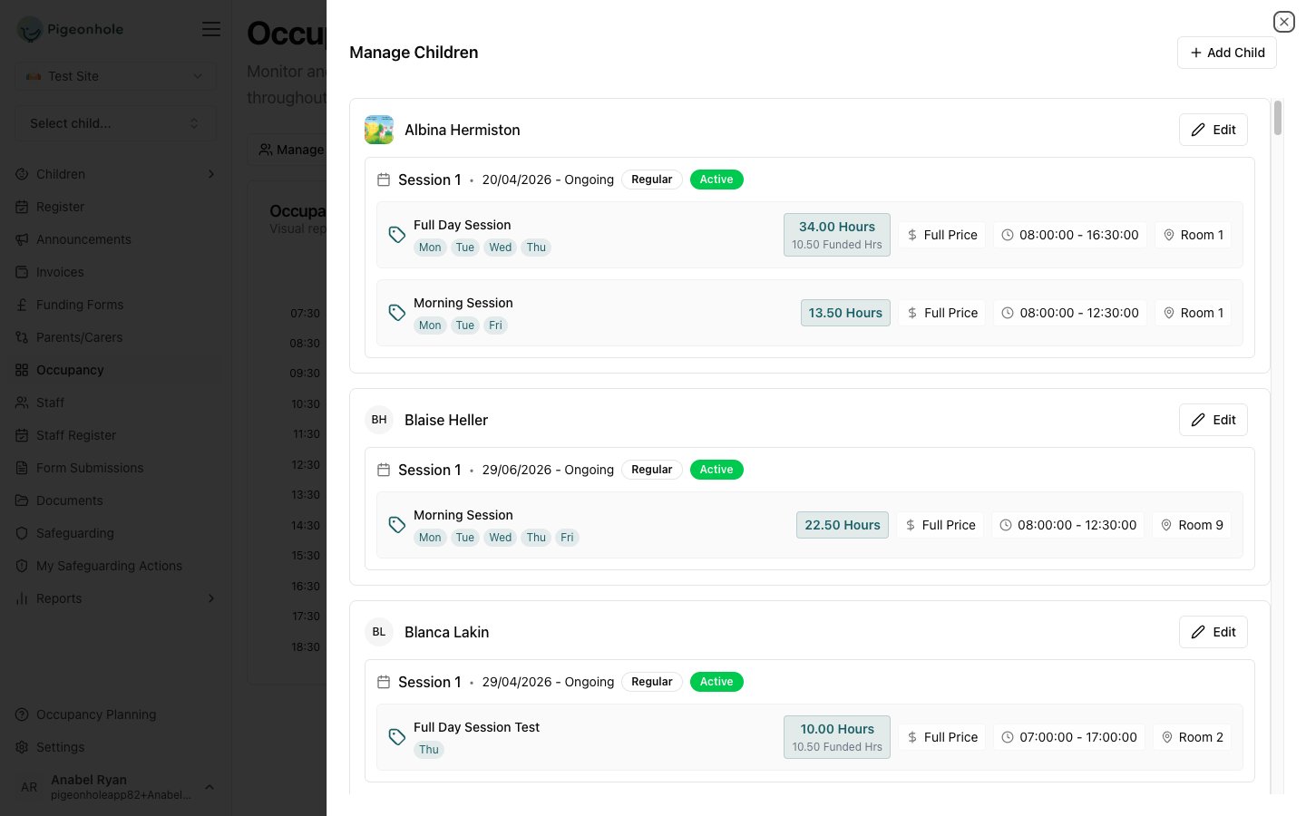 Manage Children sheet showing children's schedules for the selected week