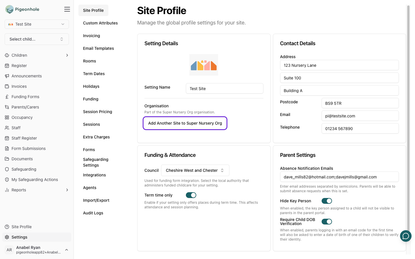 Organisation card showing the "Add Another Site" button for an organisation group