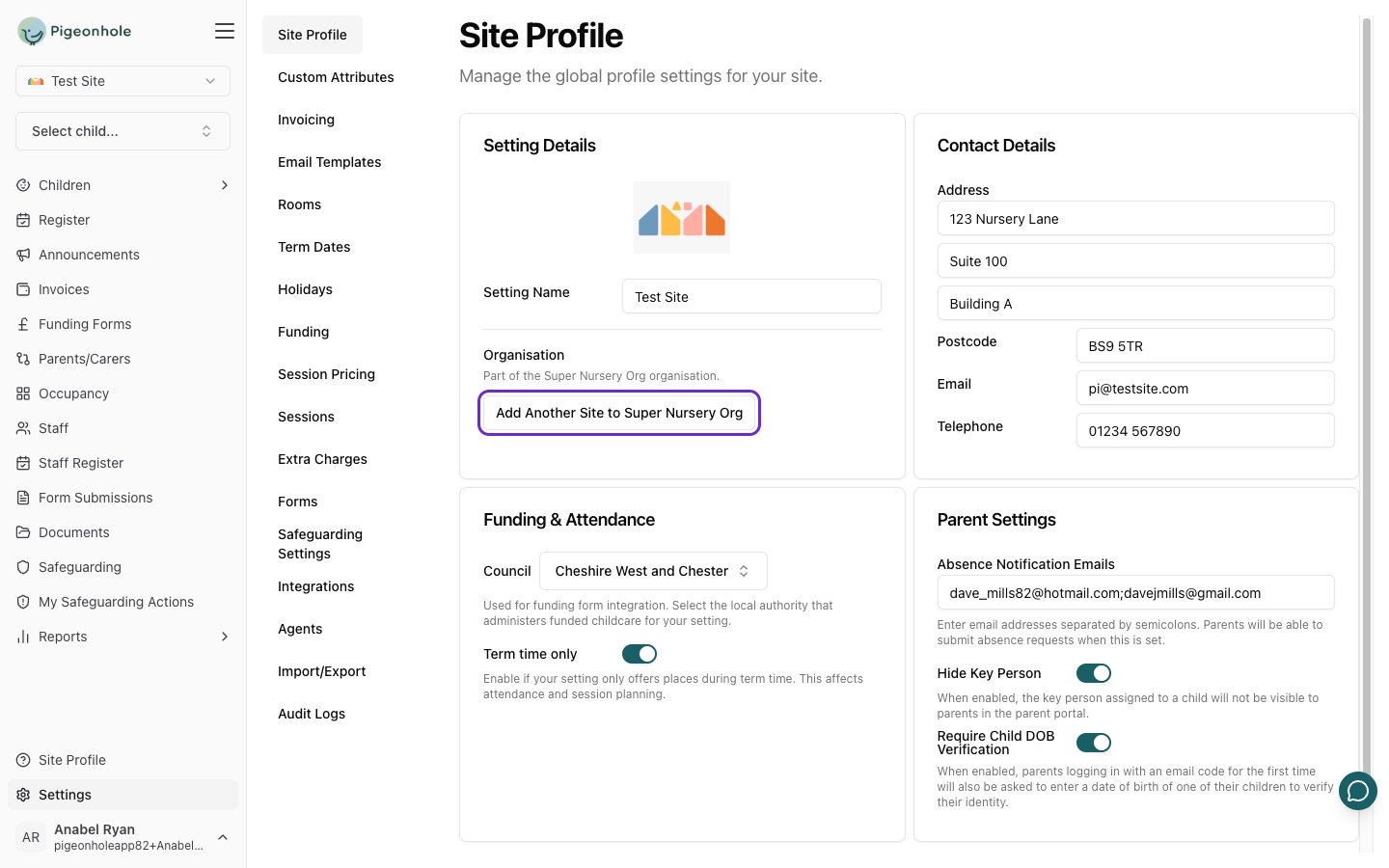 Organisation card showing the "Add Another Site" button for an organisation group