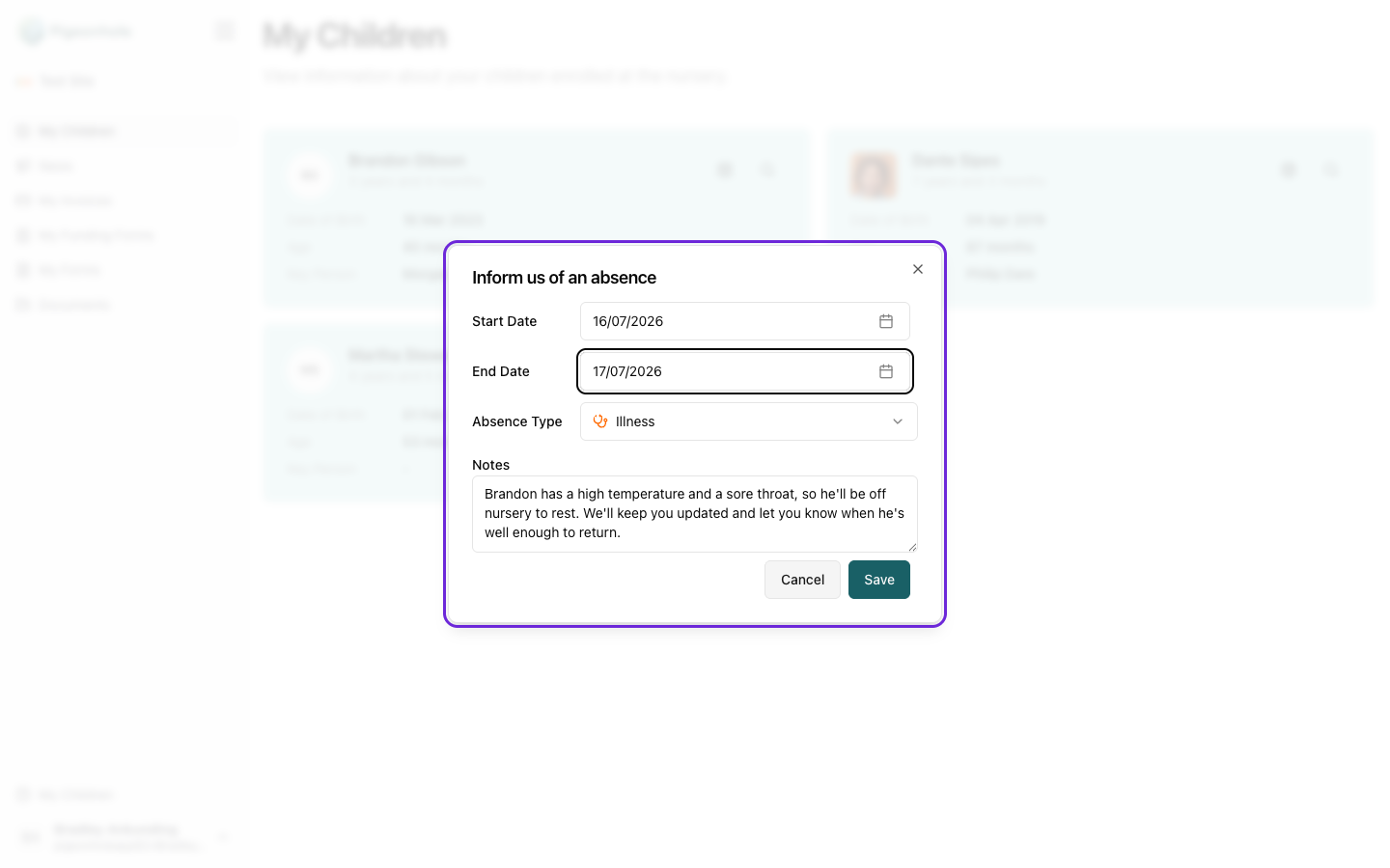 Parent Portal "Inform us of an absence" dialog with Start Date, End Date, Absence Type and Notes fields filled in