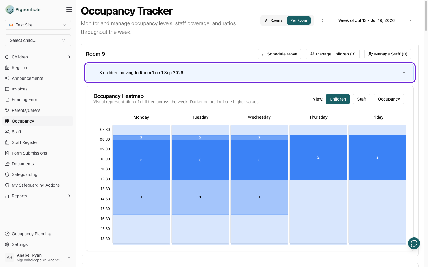 Room move banner showing pending moves grouped by destination and date