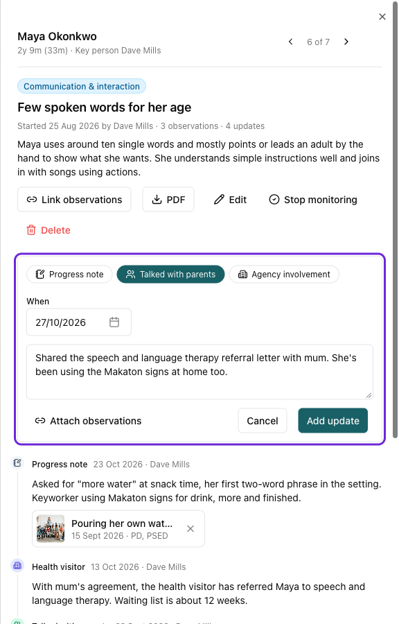 The update box for Maya with Talked with parents selected, today's date, a note about sharing the speech and language referral with mum, and the Attach observations and Add update buttons