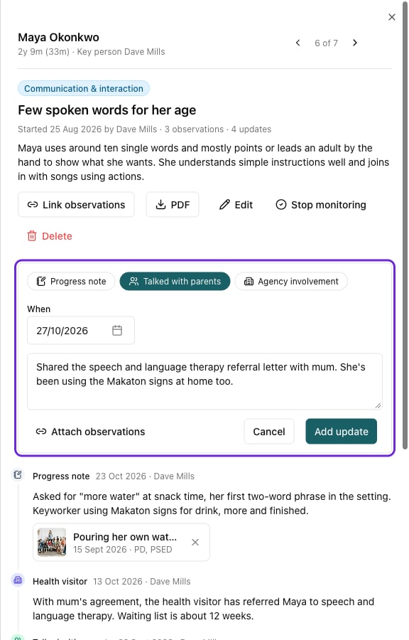 The update box for Maya with Talked with parents selected, today's date, a note about sharing the speech and language referral with mum, and the Attach observations and Add update buttons