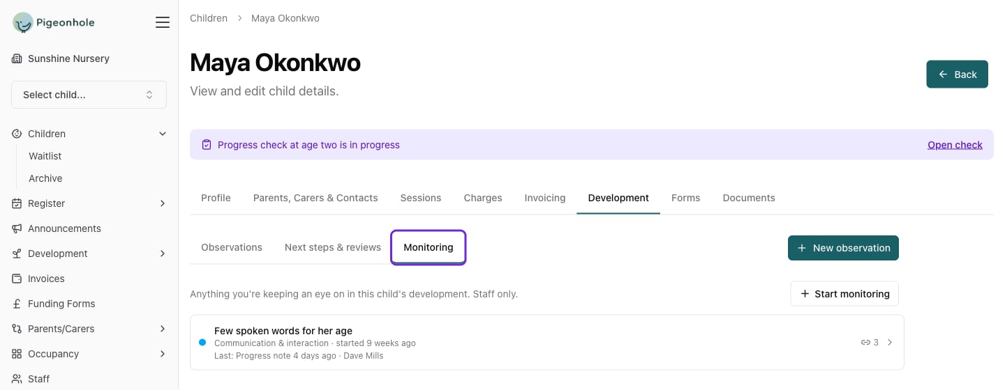 Maya Okonkwo's Development tab with the Monitoring sub-tab highlighted, showing what's being monitored for her and the Start monitoring button