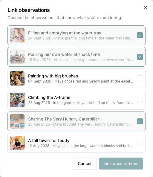 The Link observations dialog listing six of Maya's observations, three already ticked as linked