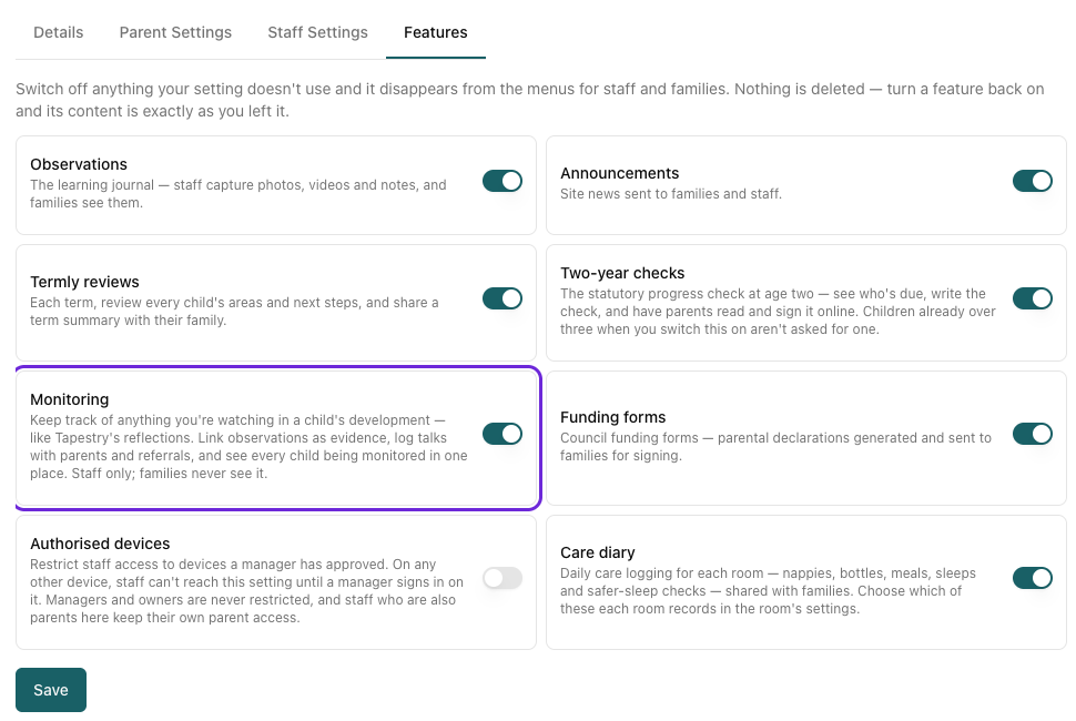 The Features tab on Site Profile with the Monitoring switch highlighted and turned on