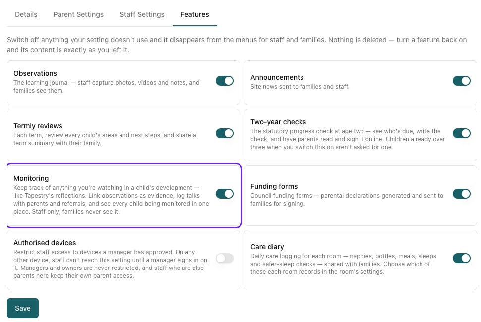 The Features tab on Site Profile with the Monitoring switch highlighted and turned on